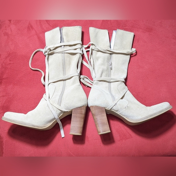 Candie's Shoes - Women's CANDIE'S Cream Suede Heeled Boots, Suede Strap Wrap| Size 9